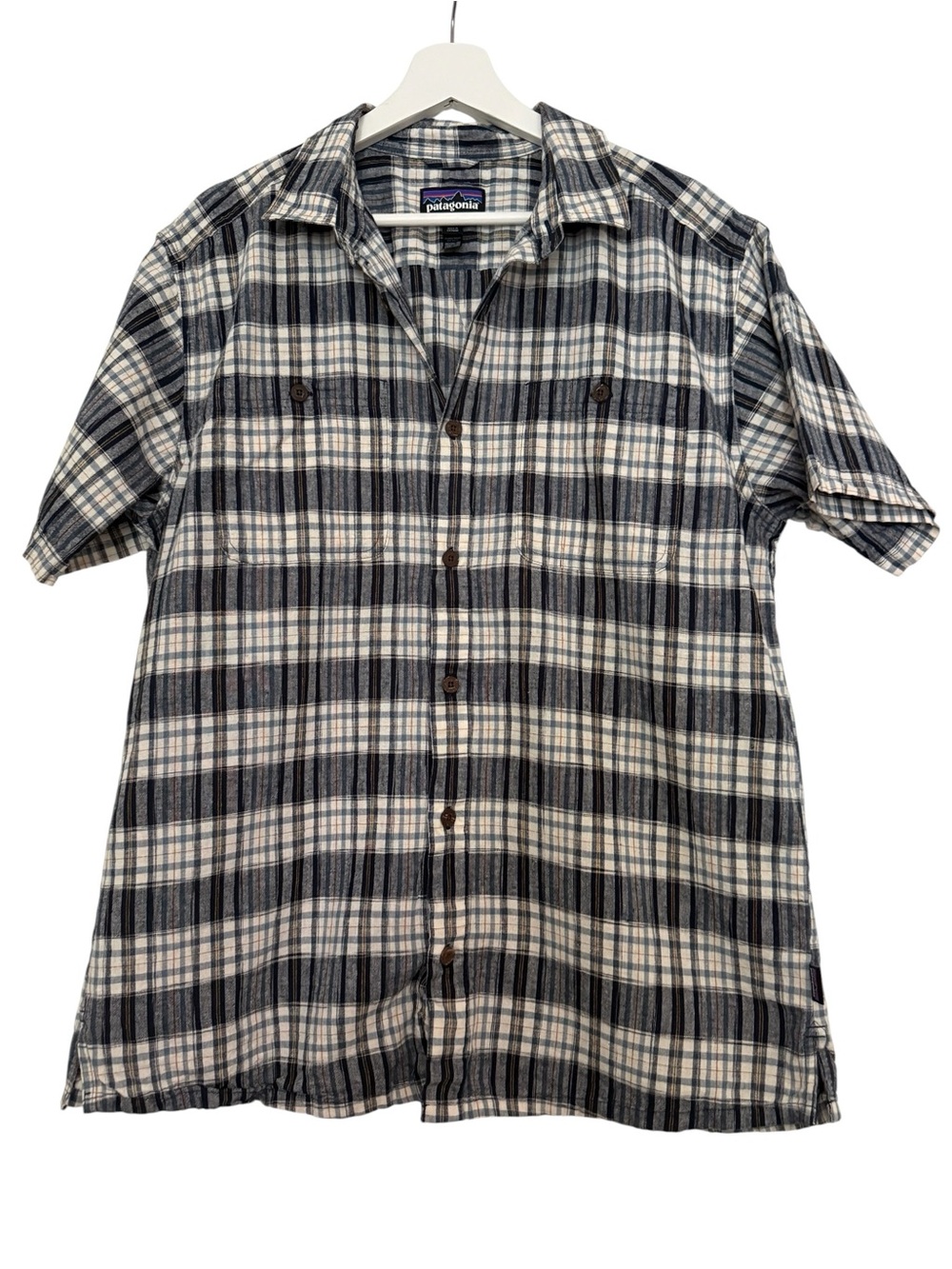 Patagonia Men's Short Sleeve Plaid Button-Down Shirt - Navy & Cream